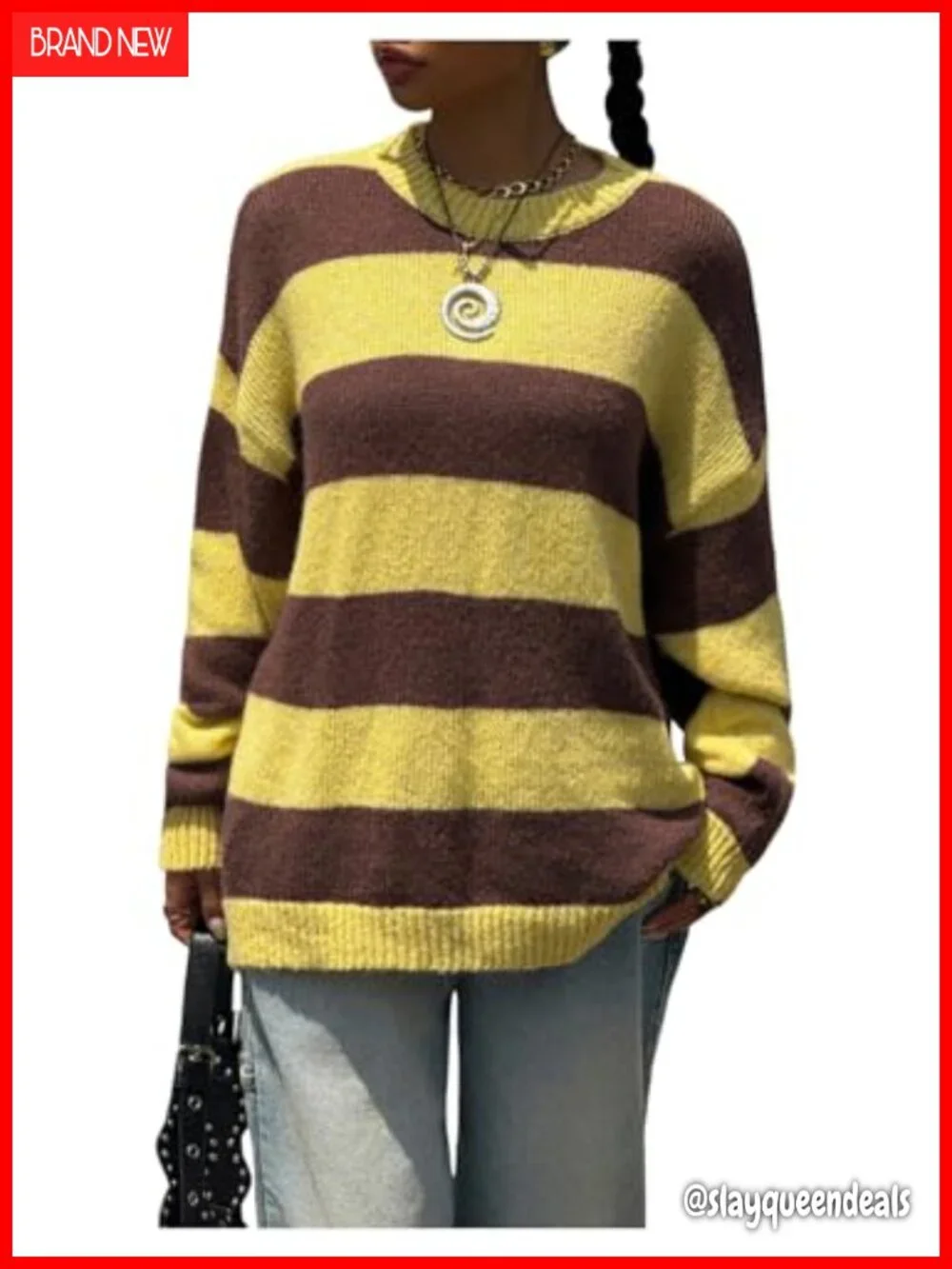 Striped Crewneck Long Sleeve Loose Knitted Pullover Sweater